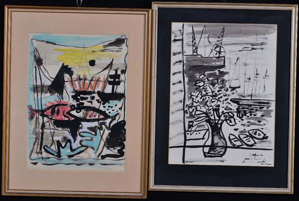 Antonio Corpora (1909-2004) Due nature morte con sfondi di marina