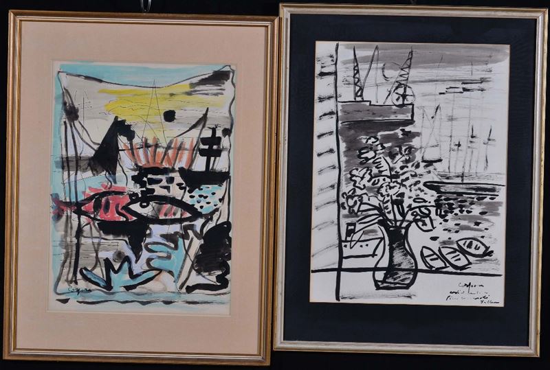Antonio Corpora (1909-2004) Due nature morte con sfondi di marina  - Auction Antique and Old Masters - II - Cambi Casa d'Aste