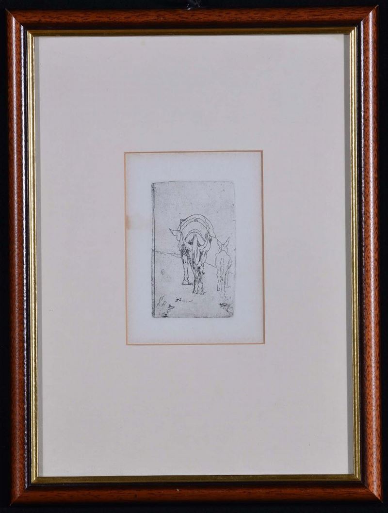 Incisione su carta da Giovanni Fattori raffigurante due somarelli  - Auction Antiques and Old Masters - Cambi Casa d'Aste
