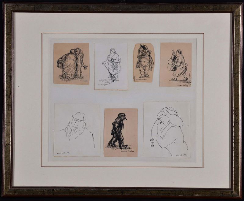 Sette bozzetti con personaggi in cornice firmati Aaron Sopher  - Auction Antiques and Old Masters - Cambi Casa d'Aste