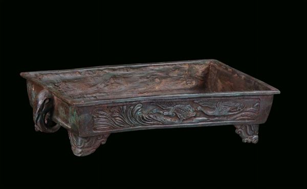 Rectangular dark coat bronze tray, China, Ming Dynasty, 16th – 17th century Stripe decorated, handles in the shape of elephant trunk and curl feet , cm 48x27x11