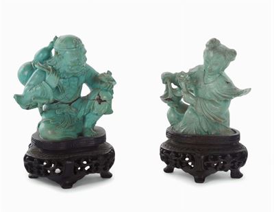 Due Figure in Pietra Turchese Raffiguranti Anziano e Donna, Cina XX Secolo