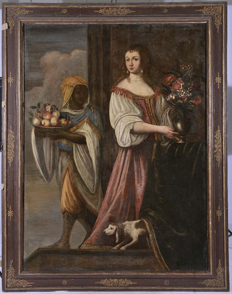 Scuola Lombarda del XVII secolo Ritratto di Nobildonna con vaso di fiori  - Auction Antiques and Old Masters - Cambi Casa d'Aste