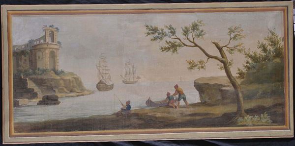 Coppia di dipinti sovrapporta con paesaggi costieri, XIX secolo