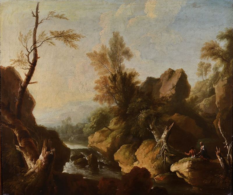 Salvator Rosa (Napoli 1615 - Roma 1673), ambito di Paesaggio fluviale con rupe  - Asta Dipinti Antichi - Cambi Casa d'Aste