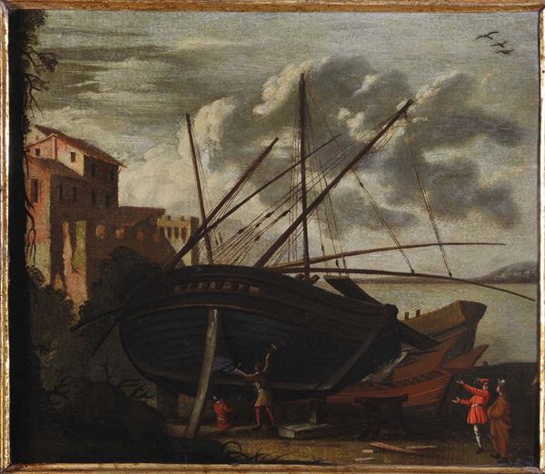 Agostino Tassi (1566/80-1644), attribuito a Porto con barca secca