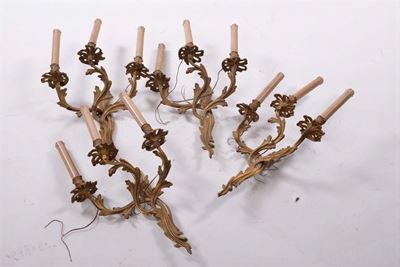 Quattro Appliques in Bronzo Dorato a Tre Luci, XIX Secolo