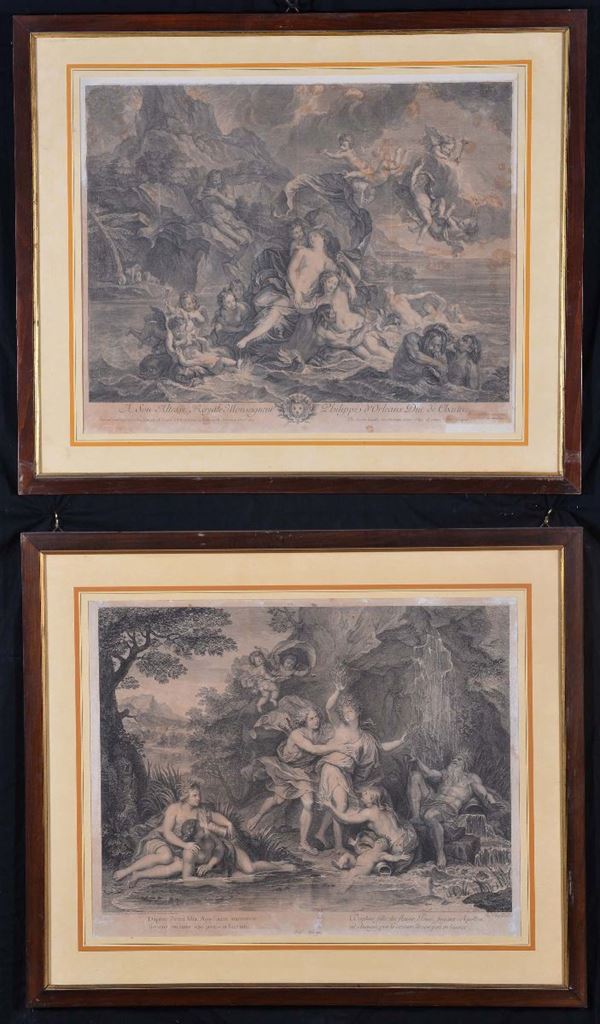 Tre stampe in cornice di cui una coppia