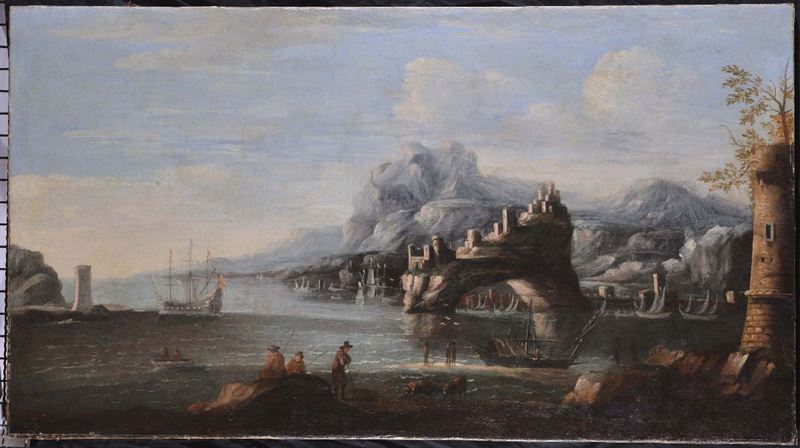 Scuola del XVII secolo Veduta costiera  - Asta Antiquariato e Dipinti Antichi - Cambi Casa d'Aste