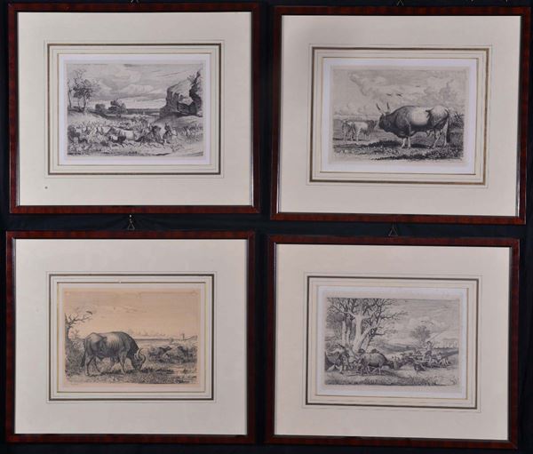 Quattro stampe in cornice raffiguranti animeli e scene di caccia