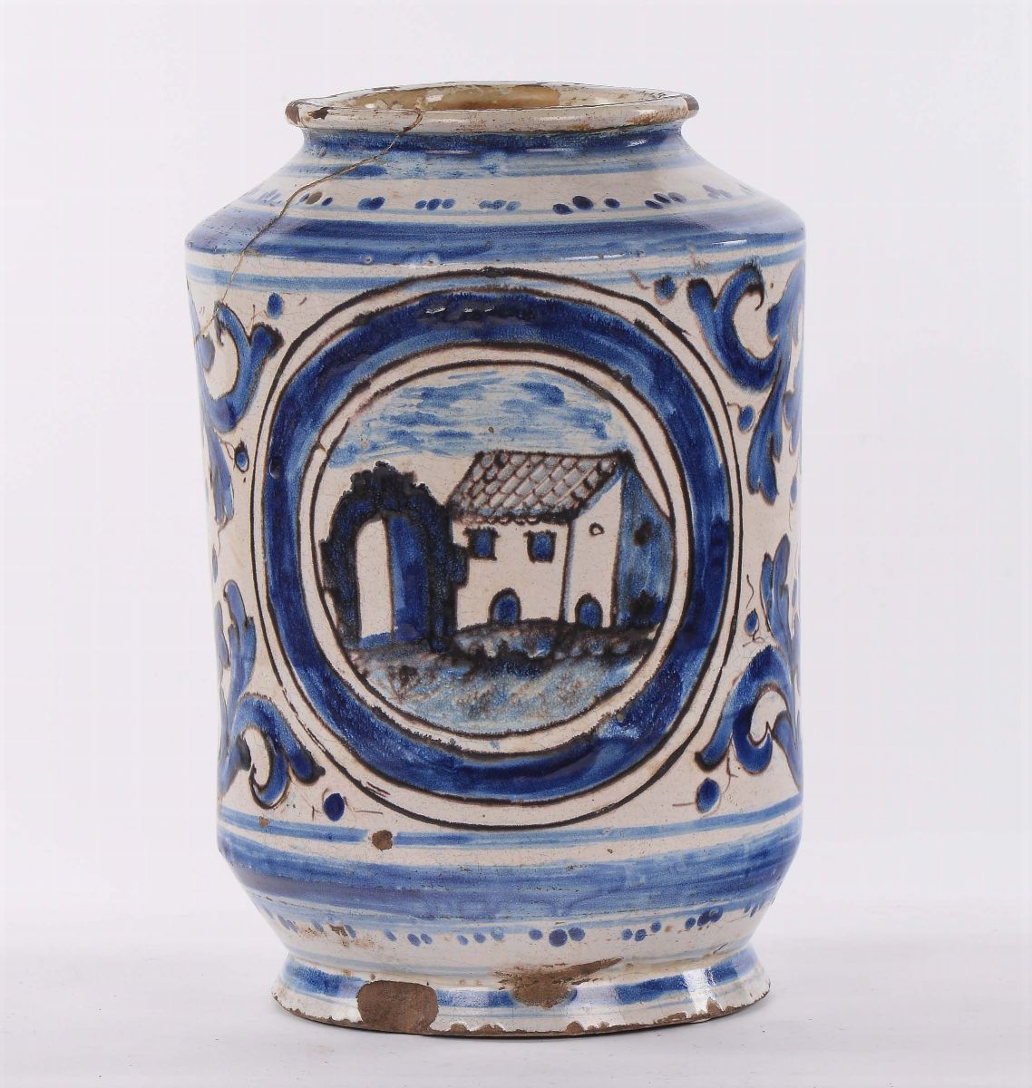 Grande Albarello in Maiolica a Decoro Bianco e Blu, Sicilia XVII Secolo