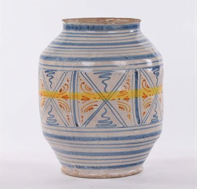 Grande Albarello in Maiolica a Decoro Azzurro e Giallo, Montelupo XVII Secolo