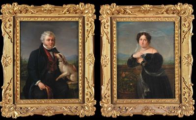 Cosroe Dusi (1808-1859)ritratto di Uomo con Cane Ritratto Femminile