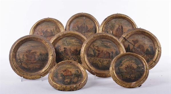 Lotto di nove tondini decorati in arte povera, XVIII secolo