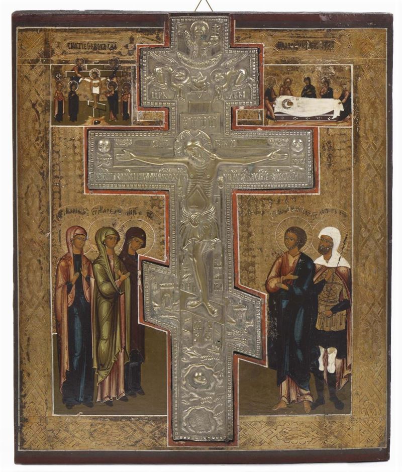 Icona raffigurante crocifissione con croce in bronzo, XIX secolo  - Auction Antiques and Old Masters - Cambi Casa d'Aste