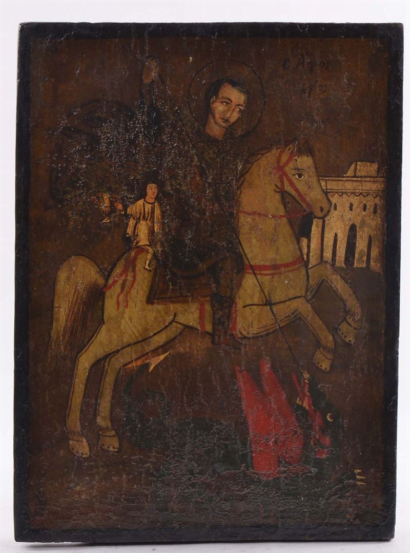Icona greca raffigurante San Giorgio, XIX secolo  - Auction Antiques and Old Masters - Cambi Casa d'Aste
