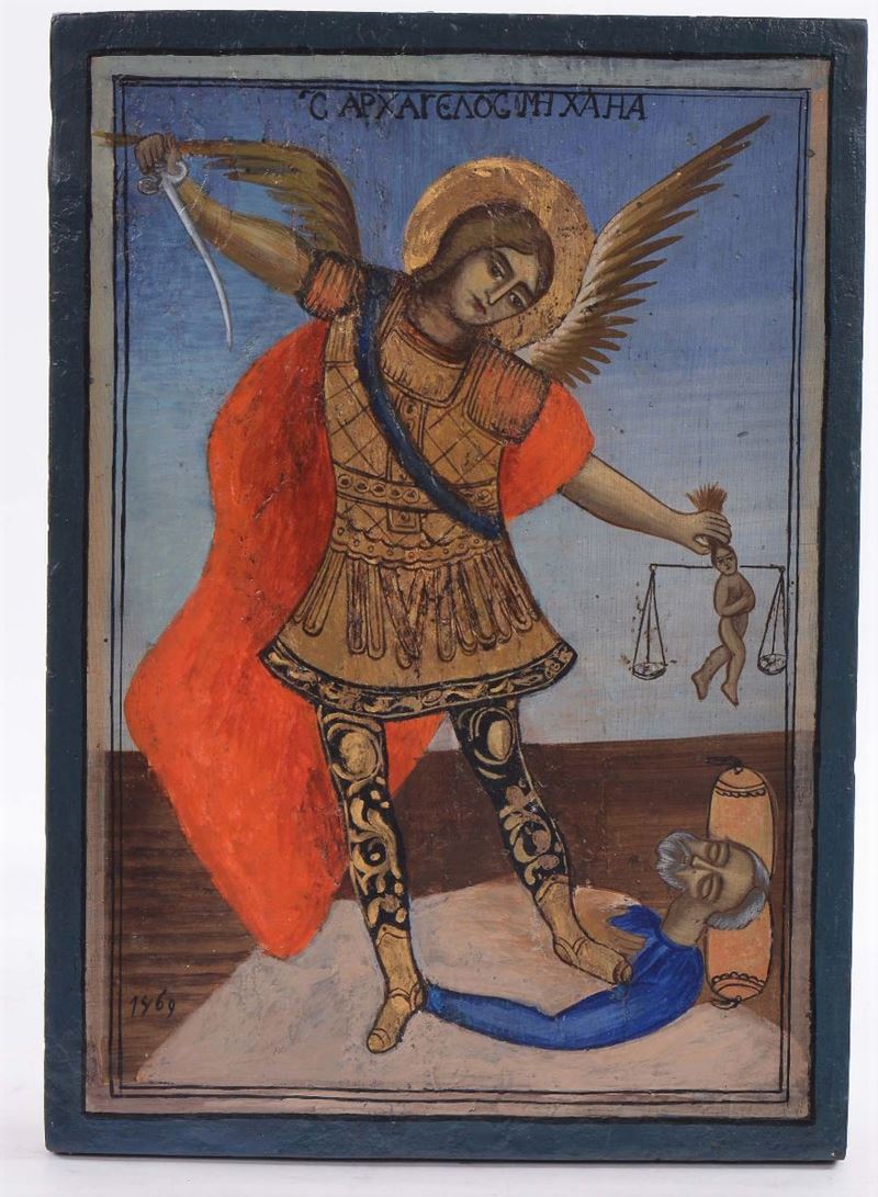 Icona raffigurante l'Arcangelo Michele, Grecia del nord datata 1869  - Auction Antiques and Old Masters - Cambi Casa d'Aste