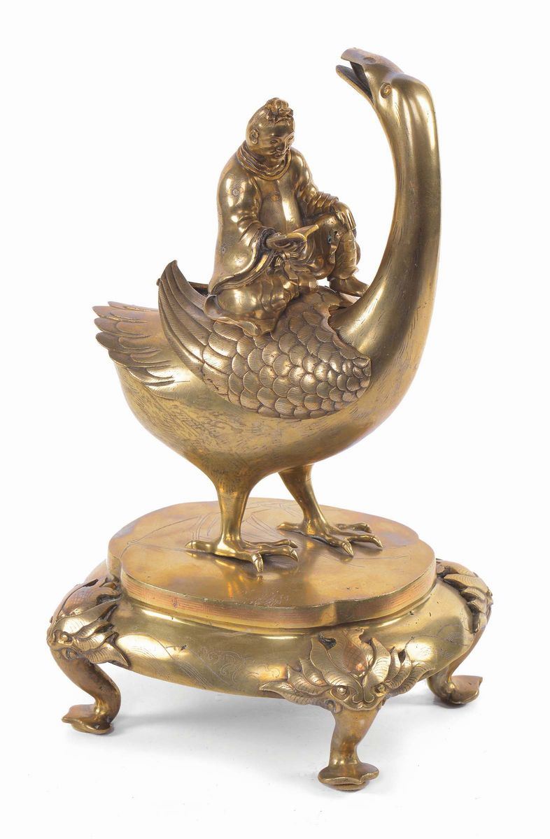 Figura di saggio su oca in bronzo, Giappone, Periodo Meji,  XIX secolo  - Auction Antique and Old Masters - II - Cambi Casa d'Aste