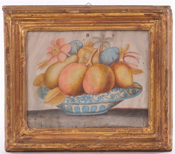Coppia di dipinti su pergamena con frutta