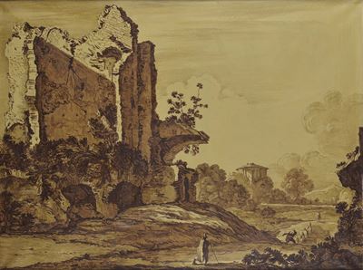 Coppia di Dipinti a Grisaille, XIX Secolorovine della Casa di Cicerone Rovine del Ponte delle Sab...