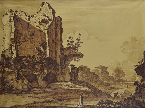 Coppia di dipinti a grisaille, XIX secolo Rovine della casa di Cicerone Rovine del Ponte delle Sabine