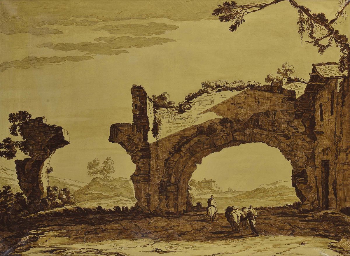 Coppia di Dipinti a Grisaille, XIX Secolorovine della Casa di Cicerone Rovine del Ponte delle Sab...