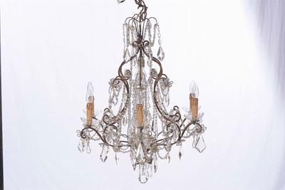 Lampadarietto in Metallo e Cristalli a Sei Luci, XX Secolo