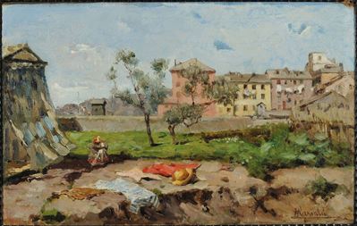 Pompeo Mariani (1857-1927)villaggio di Campagna con Figure