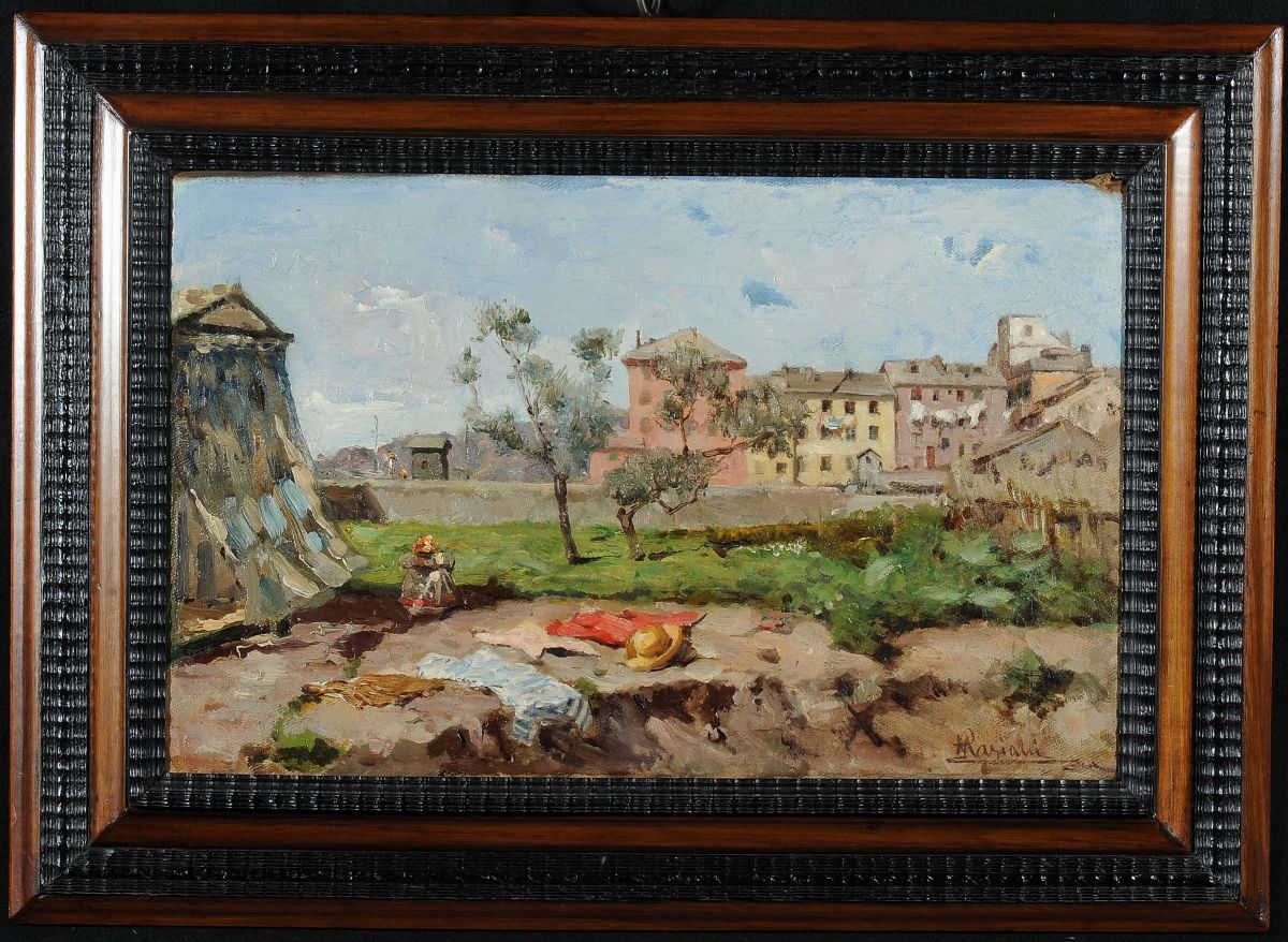 Pompeo Mariani (1857-1927)villaggio di Campagna con Figure
