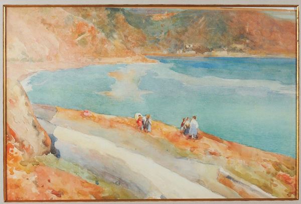 Giuseppe Ferdinando Piana (Ceriana 1864 - Bordighiera 1956) Paesaggio costiero con figure