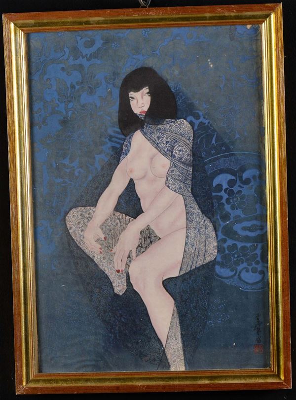 Dipinto a tempera raffigurante nudo femminile orientale