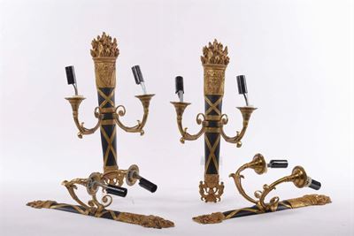 Quattro Appliques a Due Luci in Stile Impero in Bronzo Dorato e Brunito