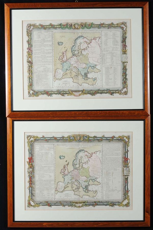 Coppia di stampe con cartine geografiche dell'Europa, Francia