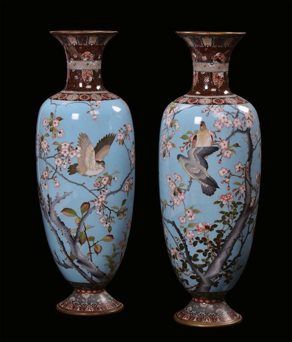 Pair of large cloisonné enamel vases, Japan, 19th century, decoration with birds on prune branches in blossom, mark with one character under the base, h cm 80