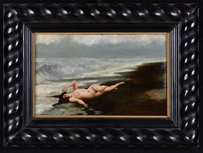 Piccolo Dipinto Raffigurante Nudo di Donna su Spiaggia Firmato Ettore Tito