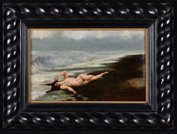 Piccolo dipinto raffigurante nudo di donna su spiaggia firmato Ettore Tito