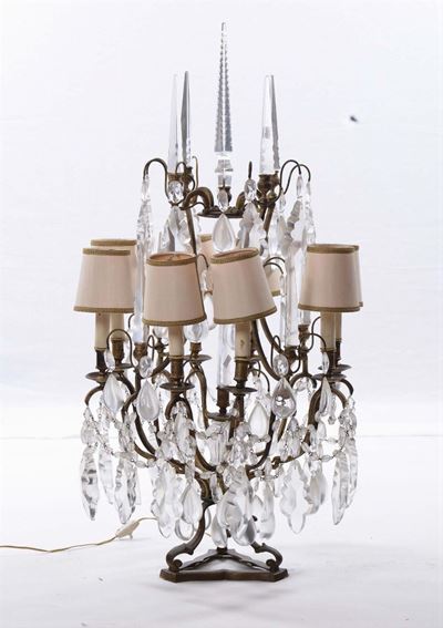 Grande Girandole in Bronzo e Cristalli a Otto Luci