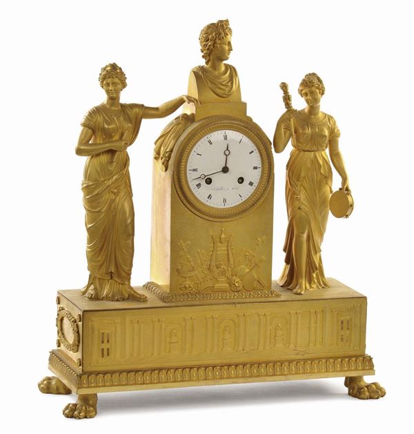 Pendola da tavolo in bronzo dorato raffigurante allegoria della musica, Sehuller in Paris, XIX secolo