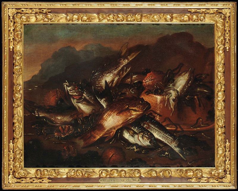 Nicola Maria Recco (Napoli XVIII secolo) Natura morta con pesci  - Asta Dipinti Antichi - Cambi Casa d'Aste