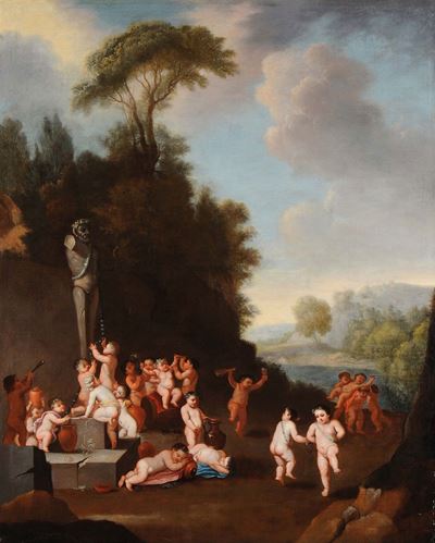 Scuola Fiamminga del XVIII Secolobaccanale con Putti Entro Paesaggio