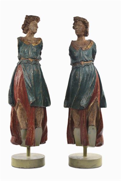 Coppia di Sculture in Legno Intagliato e Laccato, Siena XVI-XVII Secolo