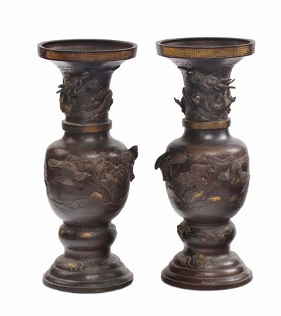 Coppia in Vasi in Bronzo, Giappone Fine XIX Secolo