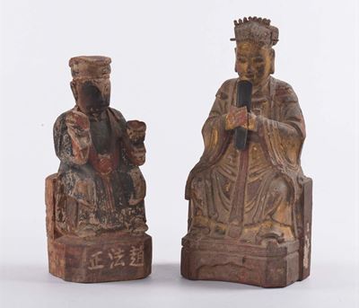 Due Dignitari in Legno Laccato, Cina Inizio XIX Secolo