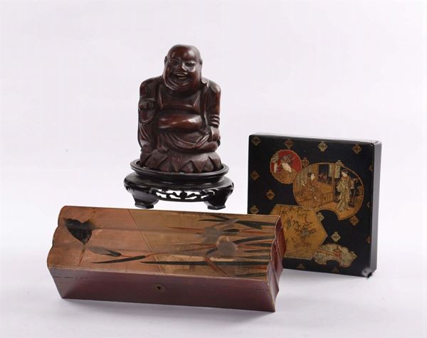Lotto composto da Buddha in legno, scatola quadrata e scatola rettangolare