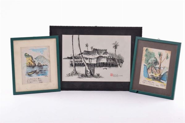 Lotto composto da due disegni acquarellati e una china su carta