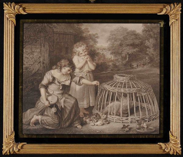 Incisione punto a seppia raffigurante bambine con pulcini, Francesco Barlolozzi fine XVIII secolo