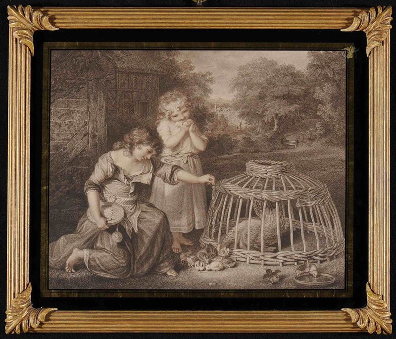 Incisione punto a seppia raffigurante bambine con pulcini, Francesco Barlolozzi fine XVIII secolo  - Auction Antiques and Old Masters - Cambi Casa d'Aste