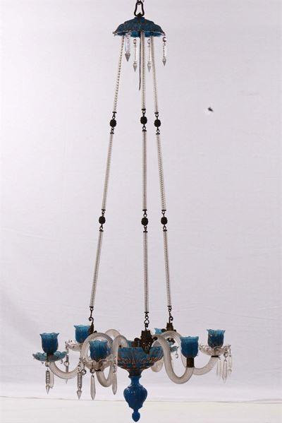 Lampadarietto a Sei Luci in Critalli Blu e Incolore e Bronzi