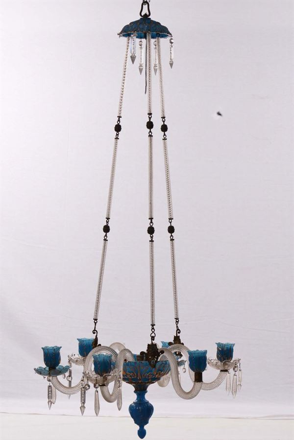 Lampadarietto a sei luci in critalli blu e incolore e bronzi