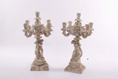 Coppia di Candelieri in Ceramica Bianca a Cinque Luci
